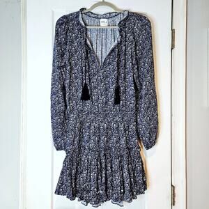 MISA Los Angeles Paisley Tassel Tie Mini Dress Boho Long Sleeve Blue
